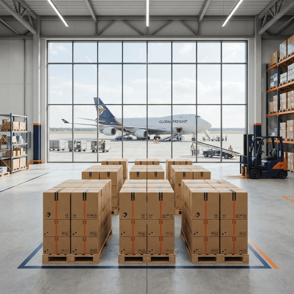 Bodega de logística con cajas organizadas y un avión de carga al fondo