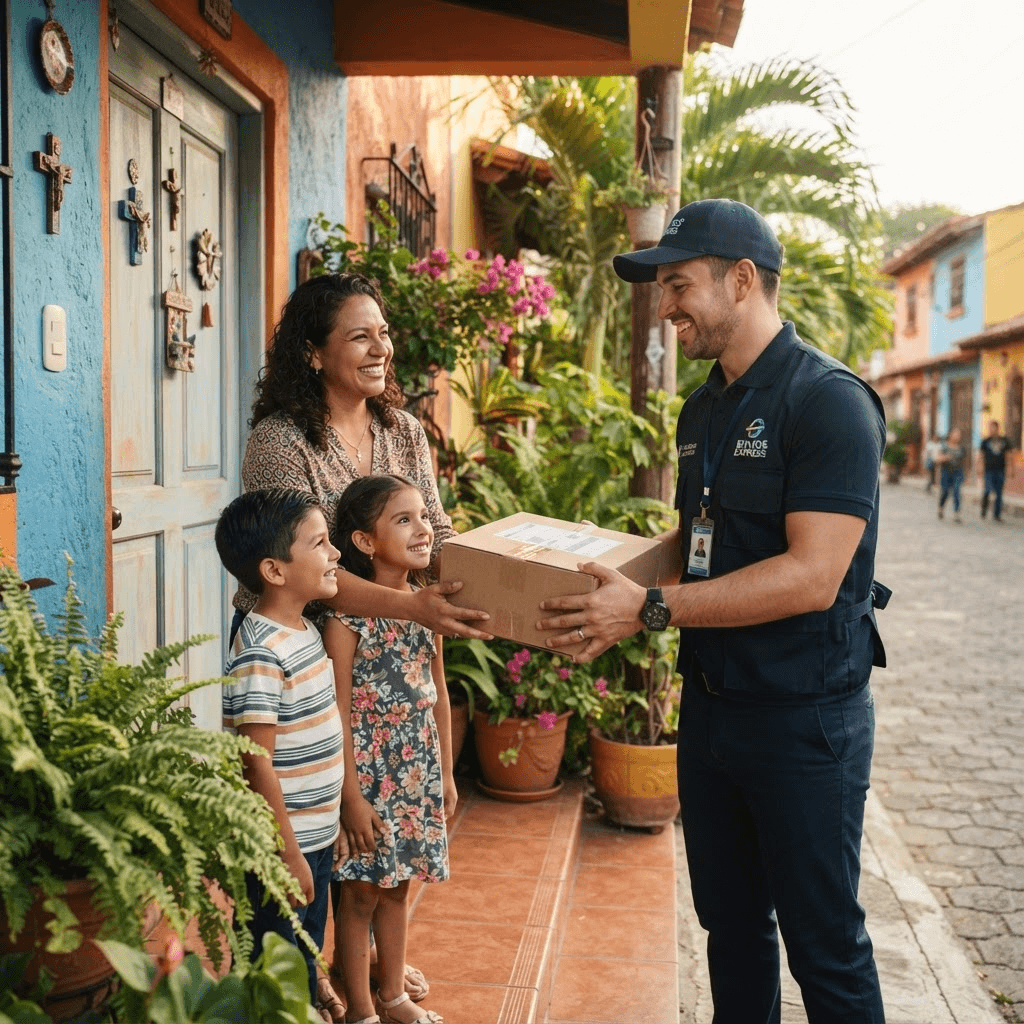 Repartidor entregando una encomienda a una familia salvadoreña en la puerta de su hogar